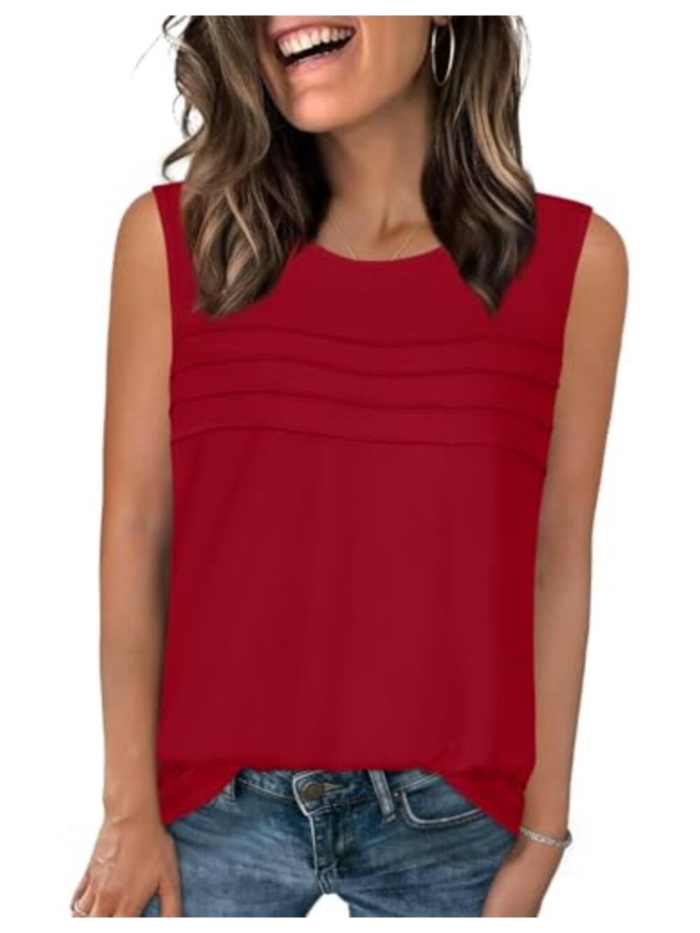 Women's Scoop Neck Sleeveless Tank Top Loose Fit Pleated Casual Summer Tee